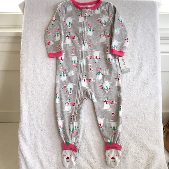 CARTER’S Fleece Pajama Sleeper Snowman Christmas Size 18 Months Gray Pink NWT - Picture 2 of 12